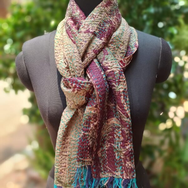 Kantha hand stitch super fine stitch Silk Stole Reversible - Design 3