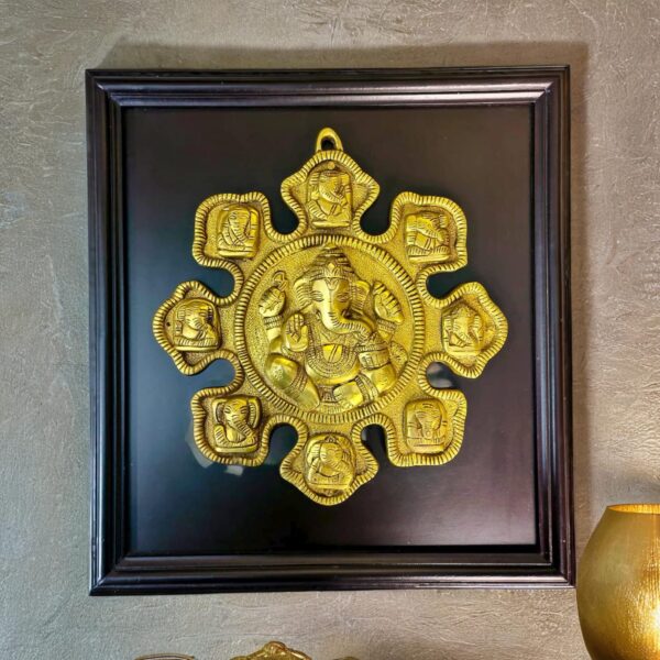 Brass Asht-Ganesha wall Hanging in a Wooden Frame