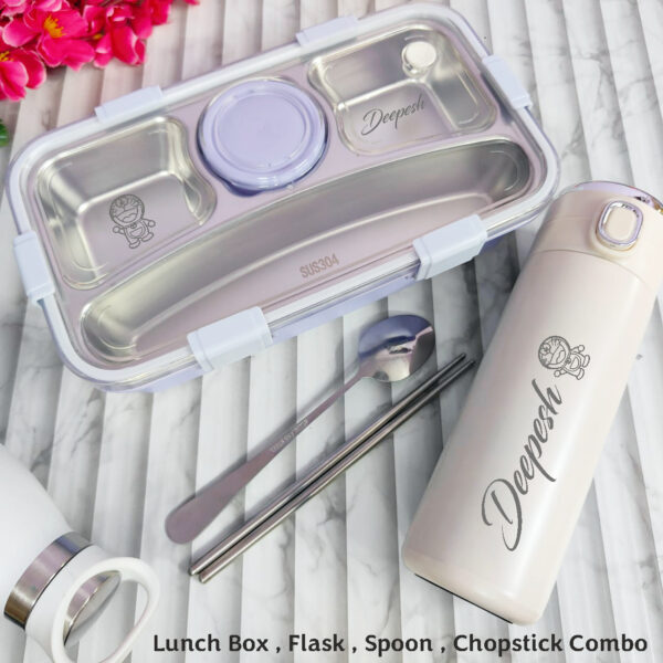 Product - 4 Slot Lunch Box + Vacuum Temperature Flask - White