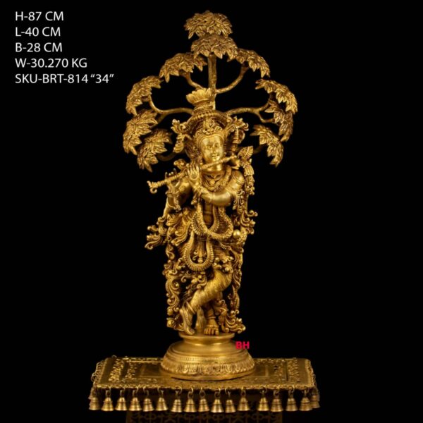 34" BRASS TREE KRISHNA STATUE