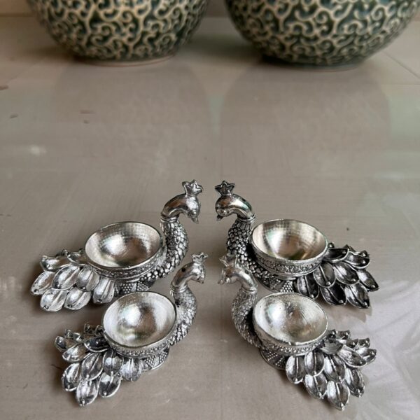BEAUTYCRAFT Peacock Diya Antique finished Silver replica*
