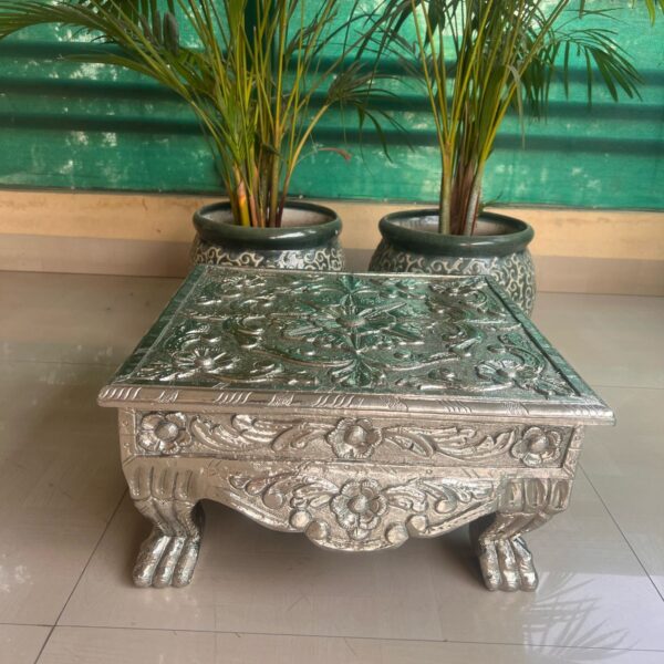 Beautiful Teak Wood Chowki with hand crafted German silver coated