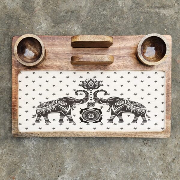 Wooden Rectangle Platter with Tissue holder n 2 bowls - Design 1