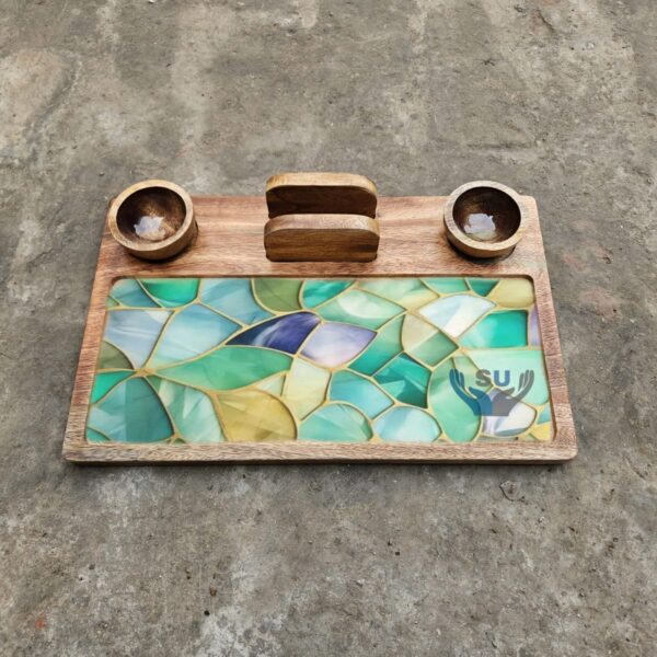 Wooden Rectangle Platter with Tissue holder n 2 bowls - Design 3