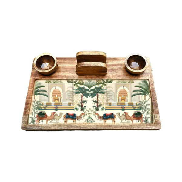 Wooden Rectangle Platter with Tissue holder n 2 bowls - Design 4
