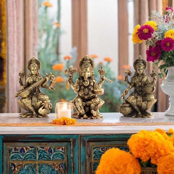 Brass Lord Ganesha, Goddess Lakshmi and Goddess Saraswati Sitting on Lotus