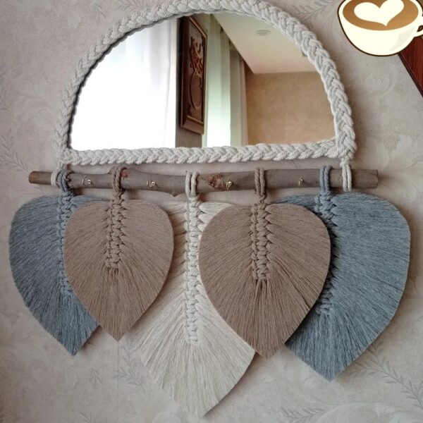 Macrame Mirror with leaves wall hanging
