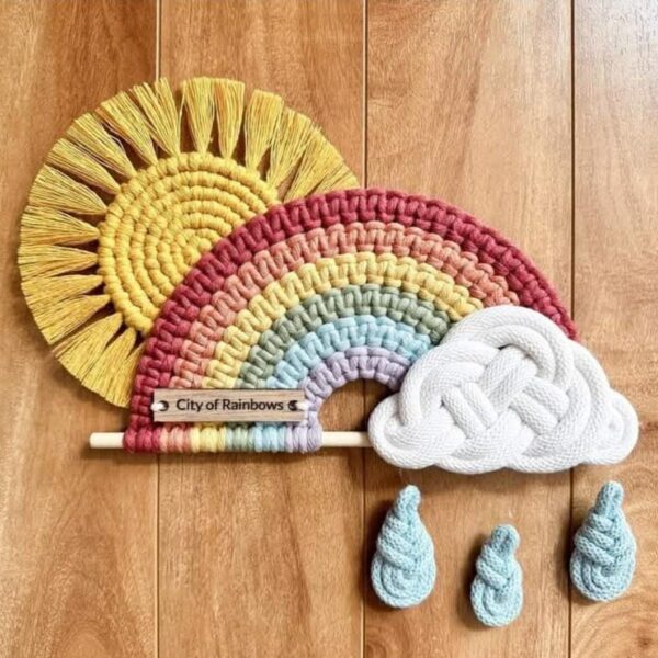 Macrame Rainbow with Sun and Cloud Wall Hanging