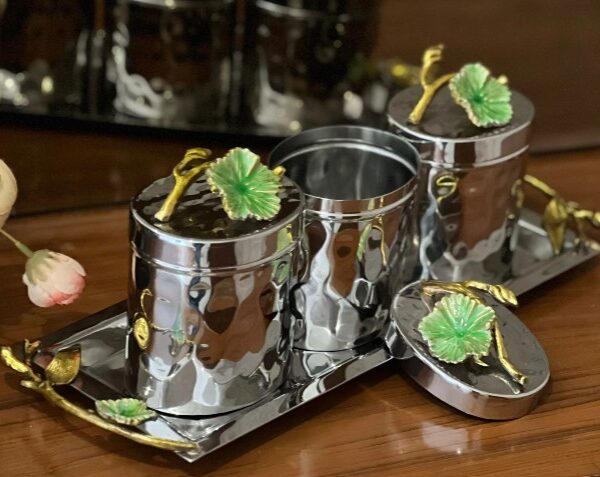 Steel hammered tray with set of 3 airtight containers with flower brooch