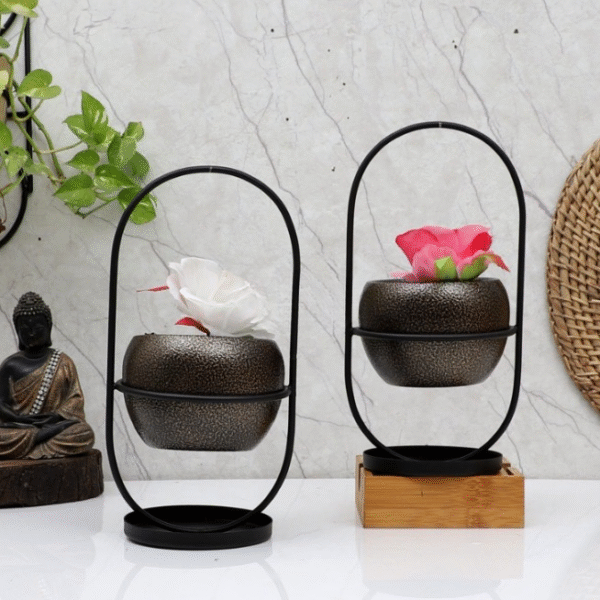 Black & Gold Textured Apple Planter Set of 2